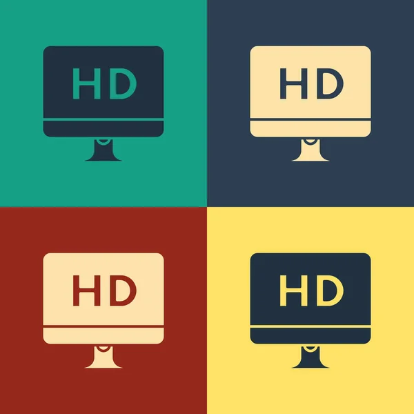 Pantalla de monitor de PC a color con icono de tecnología de video HD aislado en el fondo de color. Dibujo de estilo vintage. Ilustración vectorial — Archivo Imágenes Vectoriales