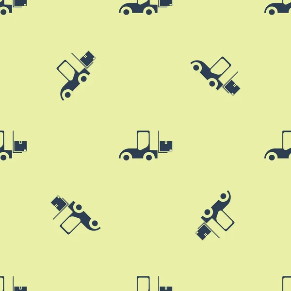 Niebieski Wózek widłowy ikona izolowane bezszwowy wzór na żółtym tle. Ładowarka widelcowa i kartonowa. Dostawa, transport, transport. Ilustracja wektora — Wektor stockowy