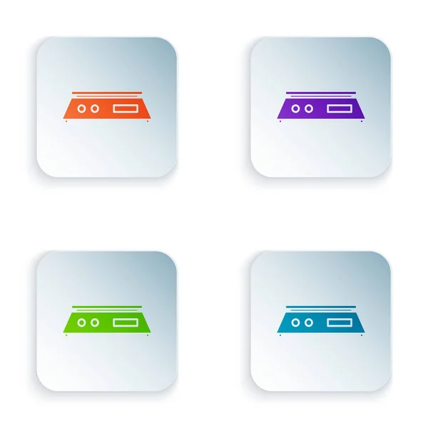 Färg Elektroniska skalor ikon isolerad på vit bakgrund. Utrustning för viktmätning. Ställ ikoner i färgglada fyrkantiga knappar. Vektor Illustration — Stock vektor