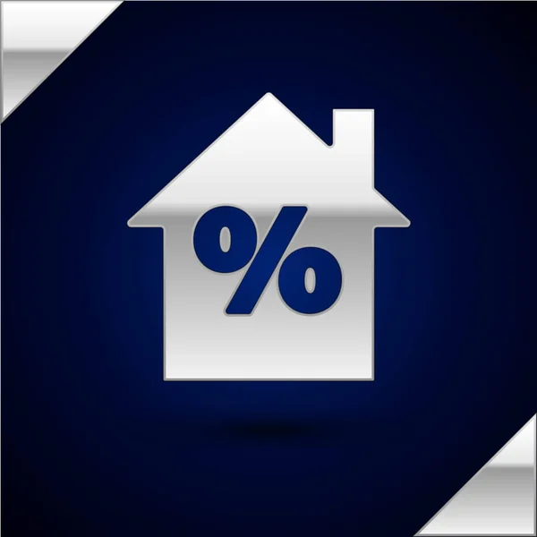 Silver House com ícone de tag de desconto percant isolado no fundo azul escuro. Preço do sinal percentual da casa. Lar imobiliário. Ilustração vetorial — Vetor de Stock