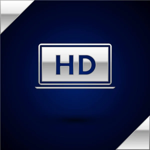 Tela de prata Laptop com ícone de tecnologia de vídeo HD isolado no fundo azul escuro. Ilustração vetorial —  Vetores de Stock