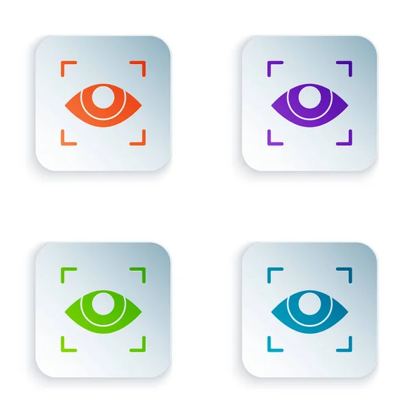 Barevné Oko ikona izolované na bílém pozadí. Skenuji oko. Symbol bezpečnostní kontroly. Kybernetické oko. Nastavit ikony v barevných čtvercových tlačítcích. Vektorová ilustrace — Stockový vektor