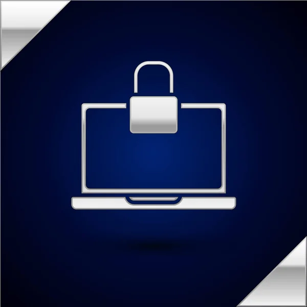 Laptop argento e icona di blocco isolato su sfondo blu scuro. Computer e lucchetto. Sicurezza, concetto di protezione. Interrete sicura. Illustrazione vettoriale — Vettoriale Stock