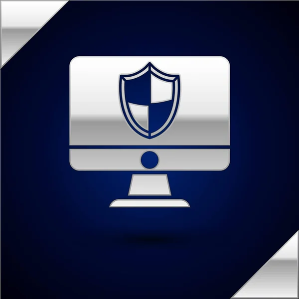 Silver οθόνη υπολογιστή και ασπίδα εικονίδιο απομονώνονται σε σκούρο μπλε φόντο. Ασφάλεια, τεχνολογία τείχους προστασίας, ασφάλεια ιδιωτικότητας στο διαδίκτυο ή antivirus. Εικονογράφηση διανύσματος — Διανυσματικό Αρχείο