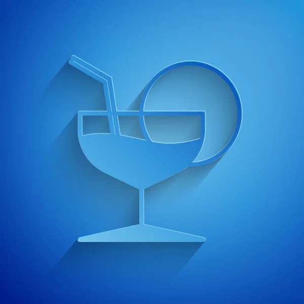 Paper cut Martini glass icon isolated on blue background. Cocktail icon. Wine glass icon. Paper art style. Vector Illustration — Stock Vector
