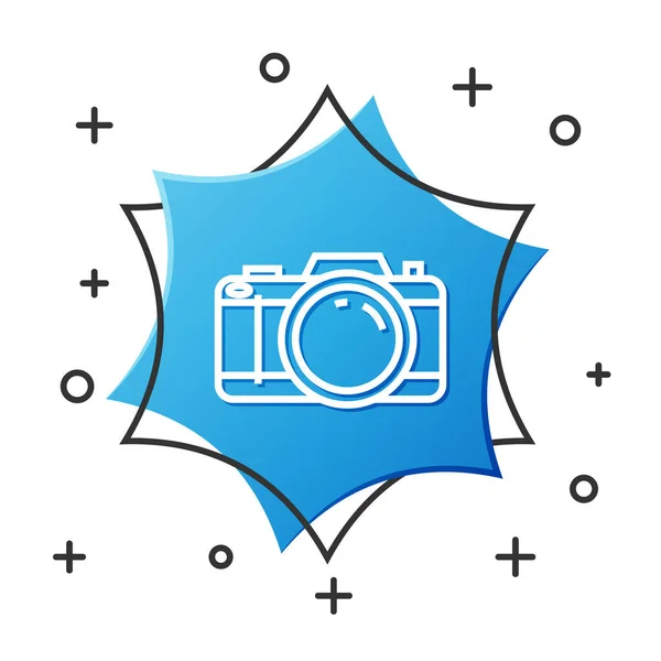 White line Photo camera icon isolated on white background. Foto camera icon. Blue hexagon button. Vector Illustration — Stock Vector