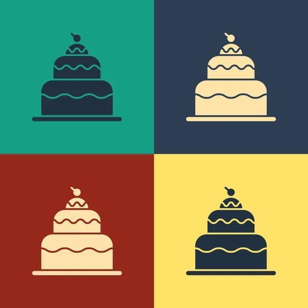 Цвет торт значок изолирован на цветном фоне. С днем рождения. Рисунок в винтажном стиле. Векторная миграция — стоковый вектор