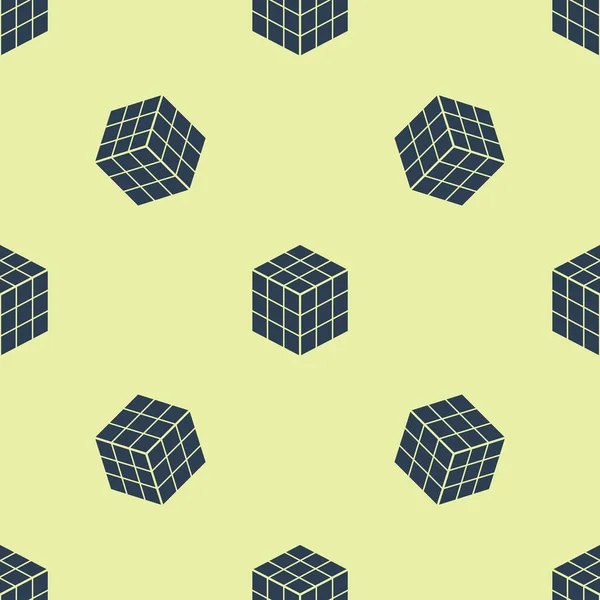 Azul Rubik icono del cubo patrón inconsútil aislado sobre fondo amarillo. Juguete mecánico del rompecabezas. Cubo de Rubik 3d rompecabezas de combinación. Ilustración vectorial — Vector de stock