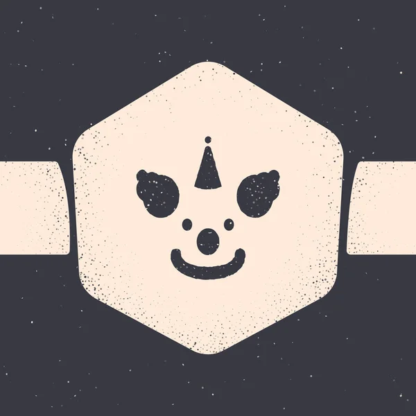 Ikona głowy klauna Grunge 'a na szarym tle. Monochromatyczny rysunek rocznika. Ilustracja wektora — Wektor stockowy