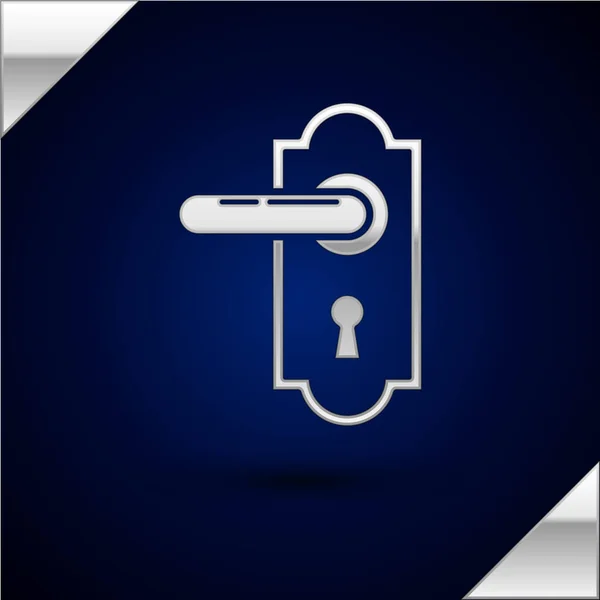 Icono de manija de puerta de plata aislado sobre fondo azul oscuro. Señal de cerradura. Ilustración vectorial — Vector de stock