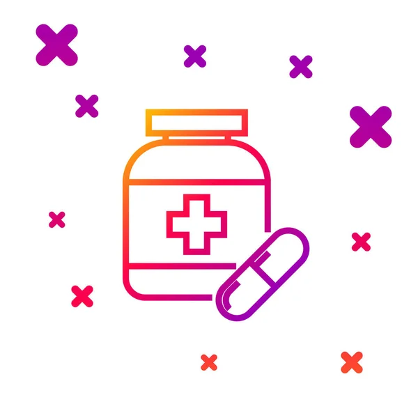 Kleurlijn Medicijn fles en pillen pictogram geïsoleerd op witte achtergrond. Flessenpil teken. Farmaceutisch ontwerp. Gradiënt willekeurige dynamische vormen. Vector Illustratie — Stockvector