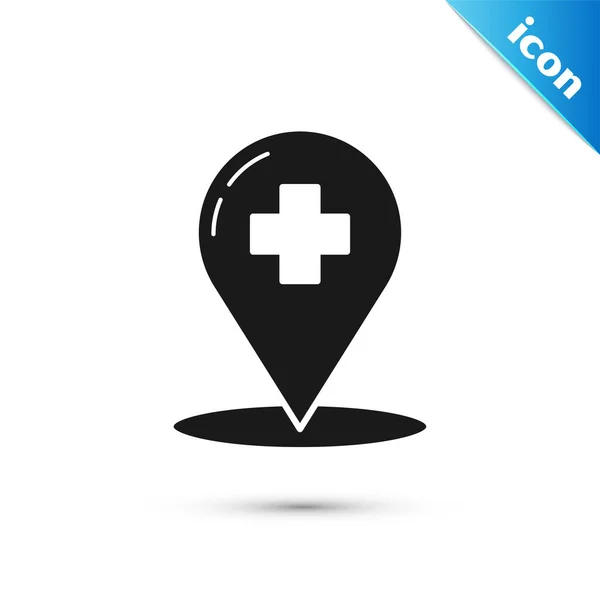 Ponteiro de mapa médico preto com ícone de hospital cruzado isolado em fundo branco. Ilustração vetorial —  Vetores de Stock