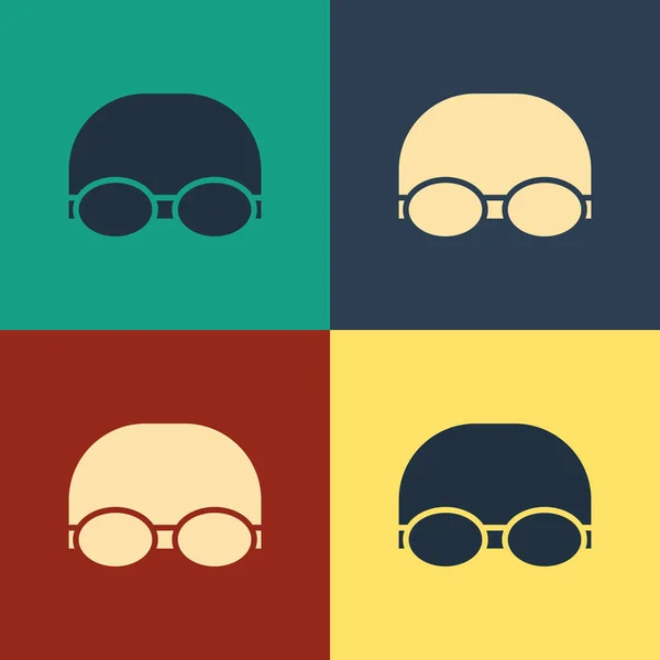 Color Glasses and cap for swimming icon isolated on color background. Swimming cap and goggles. Diving underwater equipment. Vintage style drawing. Vector Illustration Stock Vector