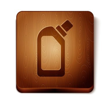 Sıvı çamaşır deterjanı, çamaşır suyu, bulaşık deterjanı ya da beyaz arka planda izole edilmiş başka bir temizlik maddesi simgesi için kahverengi plastik şişe. Tahta kare düğme. Vektör İllüstrasyonu