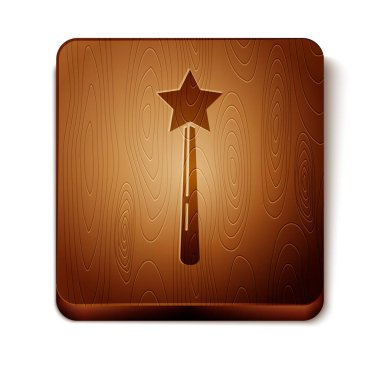 Beyaz arka planda izole Brown Magic değnek simgesi. Yıldız şekli sihirli aksesuarı. Büyülü güç. Ahşap kare düğme. Vektör Illustration