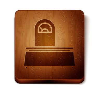 Kahverengi Ölçek simgesi beyaz arkaplanda izole edildi. Ağırlık ölçüm aletleri. Tahta kare düğme. Vektör İllüstrasyonu