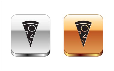 Beyaz arka planda izole edilmiş siyah pizza ikonu. Gümüş-altın kare düğme. Vektör İllüstrasyonu