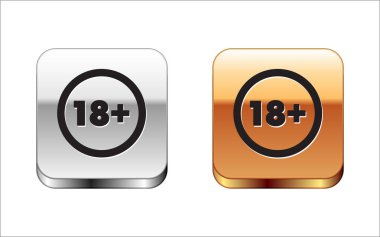 Siyah Artı 18 film ikonu beyaz arka planda izole edildi. Yetişkin içeriği. 18 yaşın altında. Gümüş-altın kare düğme. Vektör İllüstrasyonu