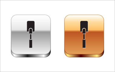 Black Spatula icon isolated on white background. Kitchen spatula icon. BBQ spatula sign. Barbecue and grill tool. Silver-gold square button. Vector Illustration