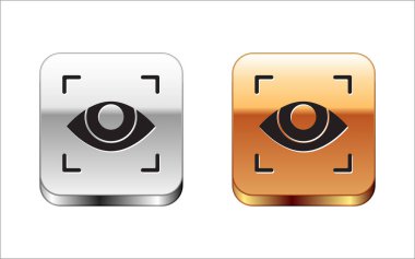 Siyah göz tarama simgesi beyaz arkaplanda izole edildi. Göz taraması yapılıyor. Güvenlik kontrol sembolü. Siber göz işareti. Gümüş-altın kare düğme. Vektör İllüstrasyonu