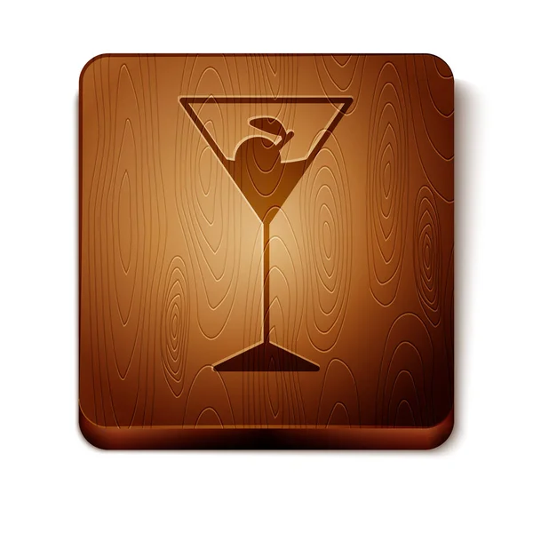 Ikone aus braunem Martini-Glas auf weißem Hintergrund. Cocktail-Symbol. Weinglas-Ikone. hölzerne quadratische Taste. Vektorillustration — Stockvektor