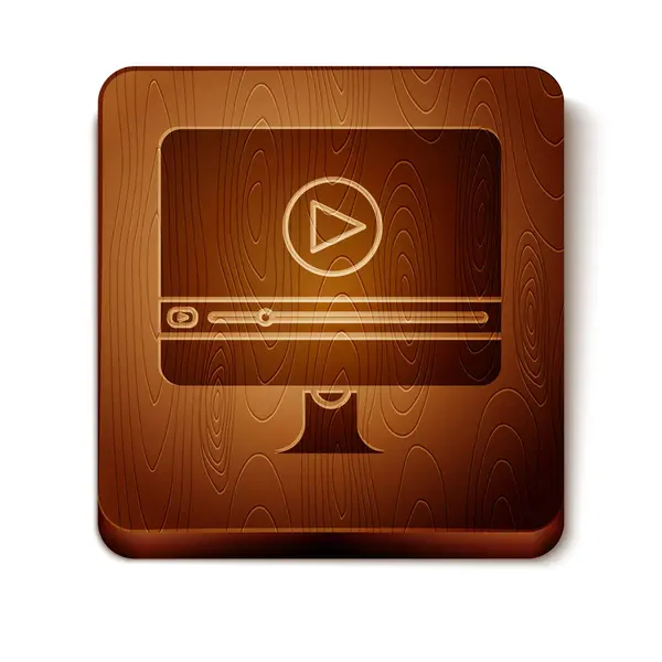 Braune Online-Play-Video-Symbol isoliert auf weißem Hintergrund. Computermonitor und Filmstreifen mit Spielzeichen. hölzerne quadratische Taste. Vektorillustration — Stockvektor