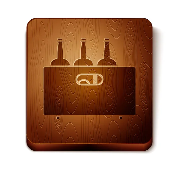 Brown Bottles of wine in a wooden box icon isolated on white background. Wine bottles in a wooden crate icon. Wooden square button. Vector Illustration — Stock Vector