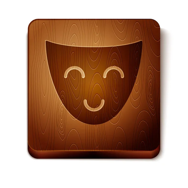 Icône de masque théâtral comique marron isolé sur fond blanc. Bouton carré en bois. Illustration vectorielle — Image vectorielle