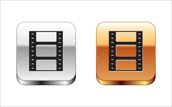 Black Play Video ikon elszigetelt fehér háttérrel. Filmszalag tábla. Ezüst-arany négyzet gomb. Vektorillusztráció — Stock Vector