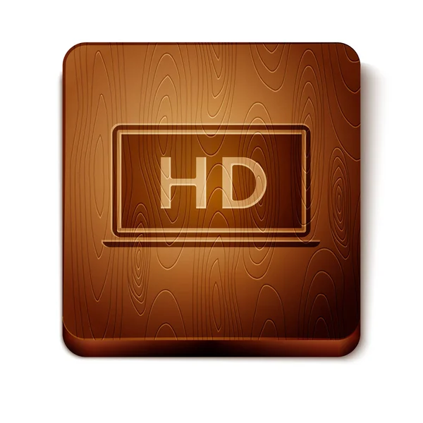 Tela de laptop marrom com ícone de tecnologia de vídeo HD isolado no fundo branco. Botão quadrado de madeira. Ilustração vetorial —  Vetores de Stock