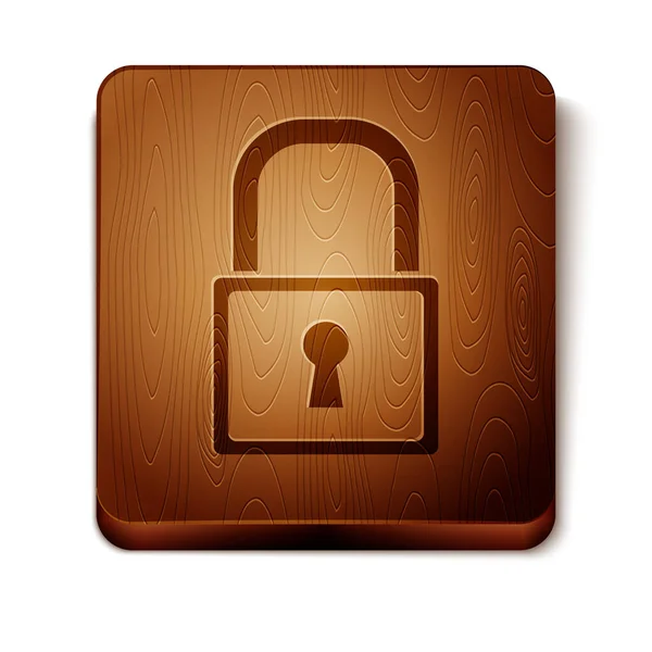 Icona Brown Lock isolata su sfondo bianco. Segno del lucchetto. Sicurezza, protezione, protezione, privacy. Bottone quadrato in legno. Illustrazione vettoriale — Vettoriale Stock