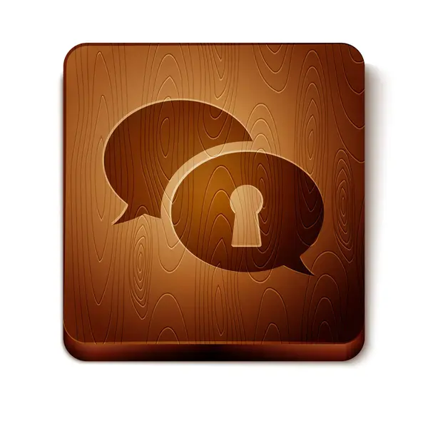 Brown Proteção de dados pessoais ícone isolado no fundo branco. Bolha de fala e chave. Botão quadrado de madeira. Ilustração vetorial — Vetor de Stock