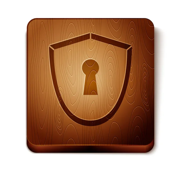 Barna pajzs kulcslyuk ikon elszigetelt fehér háttér. Védelem, biztonsági koncepció. Biztonsági jelvény ikon. Magánzárka. Védelmi rendszám. Fa szögletes gomb. Vektorillusztráció — Stock Vector