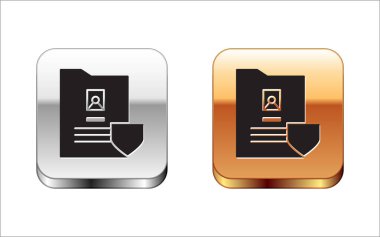 Beyaz zemin üzerinde kalkan simgesi olan siyah belge. Sigorta konsepti. Güvenlik, güvenlik, koruma, konsept koruma. Gümüş-altın kare düğme. Vektör İllüstrasyonu