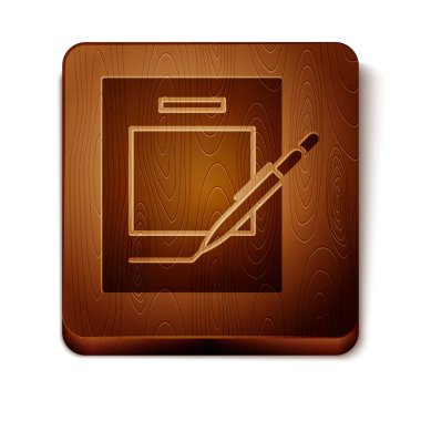 Beyaz arka planda yalıtılmış kahverengi boş dizüstü bilgisayar ve kalem simgesi. Kağıt ve kalem. Ahşap kare düğme. Vektör Illustration