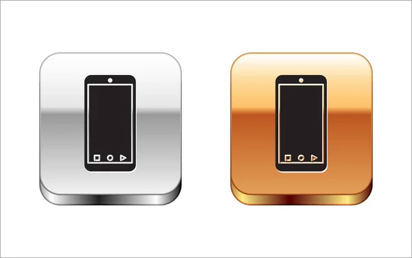 Teléfono inteligente Black Mobile con icono de seguimiento de entrega de aplicaciones aislado sobre fondo blanco. Seguimiento de paquetes. Botón cuadrado plata-oro. Ilustración vectorial — Vector de stock