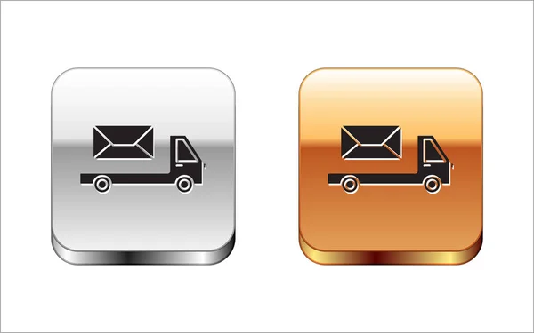 Schwarzes Postauto-Symbol isoliert auf weißem Hintergrund. Postauto. LKW-Transport mit Umschlag oder Brief. Silber-Gold quadratischer Knopf. Vektorillustration — Stockvektor