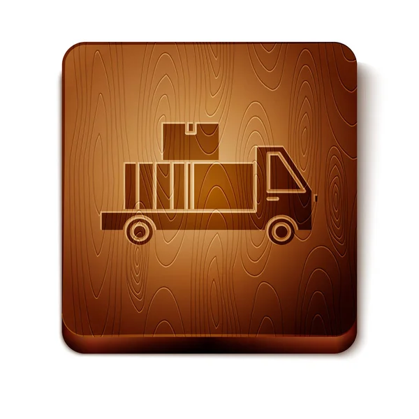 Camion de livraison brun avec boîtes en carton derrière l'icône isolée sur fond blanc. Bouton carré en bois. Illustration vectorielle — Image vectorielle