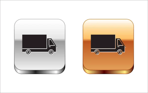 黒い配達貨物トラックの車両のアイコンは、白い背景に隔離されています。シルバーゴールドの正方形のボタン。ベクトルイラストレーション — ストックベクタ