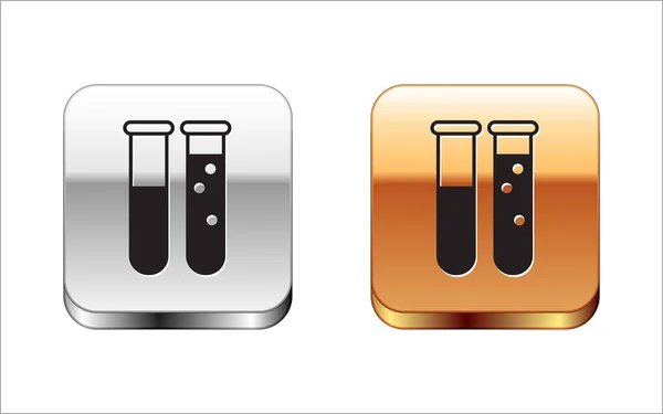 Zwarte reageerbuis en kolf chemisch laboratorium pictogram geïsoleerd op witte achtergrond. Laboratorium glaswerk bord. Zilverkleurig-gouden vierkante knop. Vector Illustratie — Stockvector