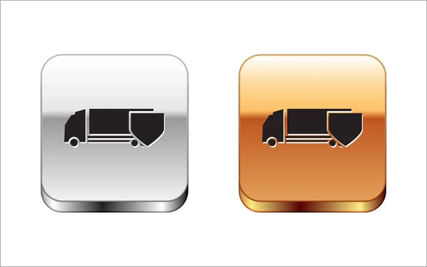 白い背景に隔離されたシールドアイコンとブラック配達貨物トラック。保険の概念。セキュリティ、安全性、保護、保護の概念。銀金四角形のボタン。ベクターイラスト — ストックベクタ