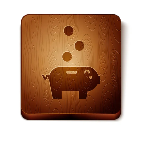 Bruine Piggy bank met pictogram geïsoleerd op witte achtergrond. Ikoon sparen of accumulatie van geld, investeringen. Houten vierkante knop. Vector Illustratie — Stockvector