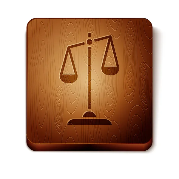 Brown Scales of justice icon isolated on white background. Court of law symbol. Balance scale sign. Wooden square button. Vector Illustration — Stock Vector