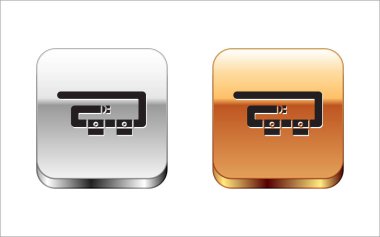 Black Diving belt icon isolated on white background. Scuba gear. Diving underwater equipment. Silver-gold square button. Vector Illustration