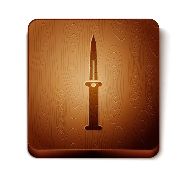 Icono de cuchillo marrón aislado sobre fondo blanco. Cuchillo del ejército. Botón cuadrado de madera. Ilustración vectorial — Vector de stock