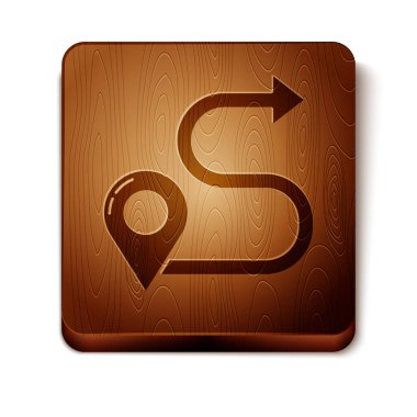 Kahverengi rota konumu simgesi beyaz arka planda yalıtılmış. Harita işaretçisi işareti. Yol veya yol kavramı. GPS navigasyon cihazı. Ahşap kare düğme. Vektör Illustration