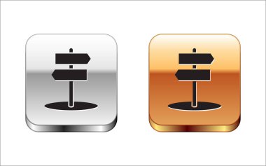 Siyah Yol trafik tabelası. Beyaz arkaplanda sinyal simgesi izole edildi. İşaretçi sembolü. İzole sokak bilgi levhası. Yön tabelası. Gümüş-altın kare düğme. Vektör İllüstrasyonu