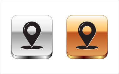 Beyaz arka planda yalıtılmış Siyah Harita pin simgesi. Navigasyon, işaretçi, yer, harita, gps, yön, yer, pusula, iletişim, arama konsepti. Gümüş-altın kare düğme. Vektör İllüstrasyonu