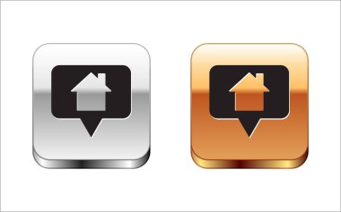 Beyaz arkaplanda ev simgesi olan siyah harita işaretçisi. Ev konumu belirleyici sembol. Gümüş-altın kare düğme. Vektör İllüstrasyonu