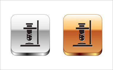 Beyaz arka planda izole edilmiş siyah cam deney tüpü ısıtıcı deney ikonu üzerinde deney tüpü. Laboratuvar ekipmanları. Gümüş-altın kare düğme. Vektör İllüstrasyonu